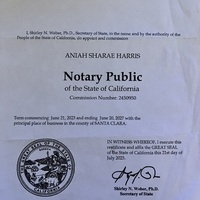 Notary Public in San Jose, California 95112, Aniah Harris